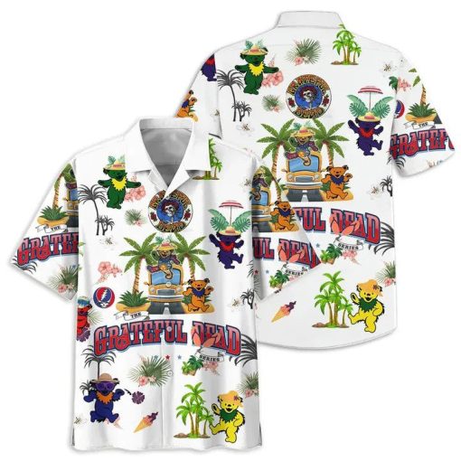 White Grateful Dead Hawaiian Shirt with Bears and Bus