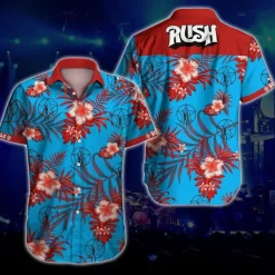 Red Flowers on Blue Rush Rock Music Band Hawaiian Shirt