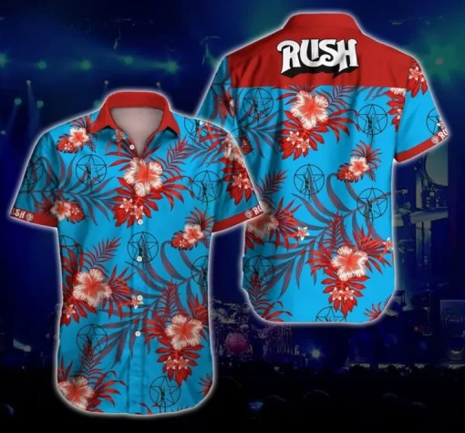 Red Flowers on Blue Rush Rock Music Band Hawaiian Shirt