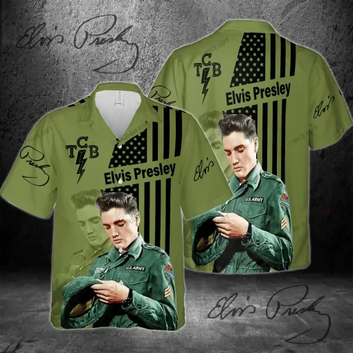 Elvis Presley Taking Care of Business Army Green Hawaiian Shirt