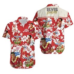 Red Elvis Hawaiian Shirt with Hibiscus Flowers and Movie Scenes