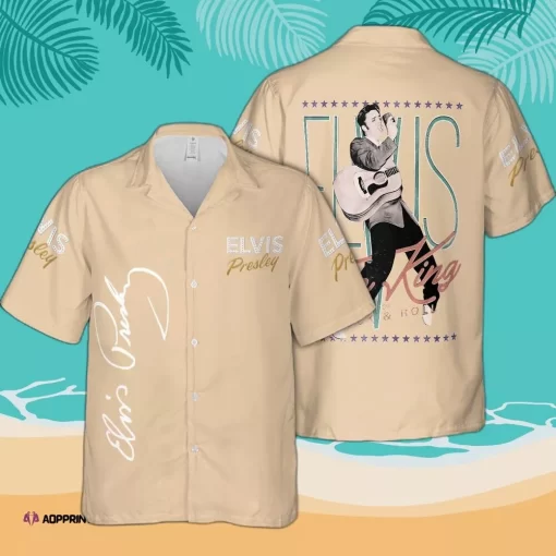 Tan Elvis Presley Hawaiian Shirt with Guitar Image