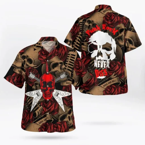 Punk Rock Never Dies Electric Guitar Crossbones And Skull Hawaiian Shirt