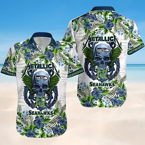 Seattle Seahawks NFL Skull And Flower Pattern Metallica Hawaiian Shirt